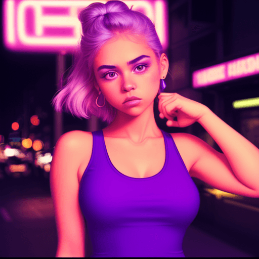 AI generated: white girl, wearing a tank top or dress at night, in the style of iconic album covers, neon-infused ...