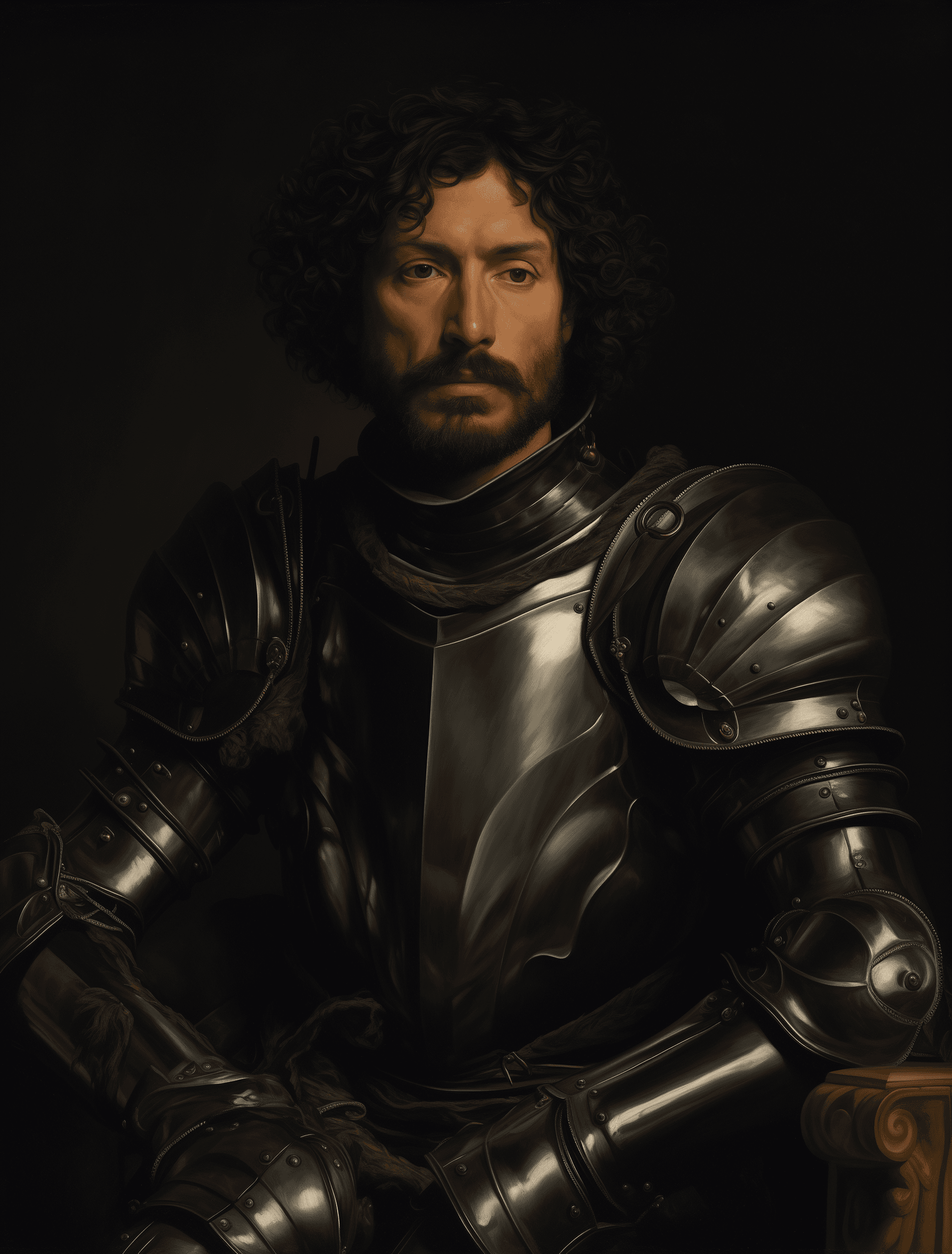 AI generated: A portrait of an Italian man in black armor, with curly hair and a short beard holding his helmet on...