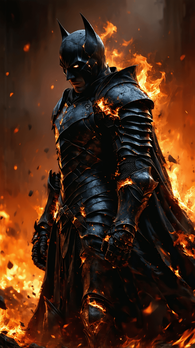 AI generated: A half-body portrait of a dark knight rising from the ashes, embodying a villainous presence. The fi...