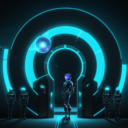 AI generated: space gate, worm hole, teleporter, portal, high tech portal, TRON style guards standing to attention...