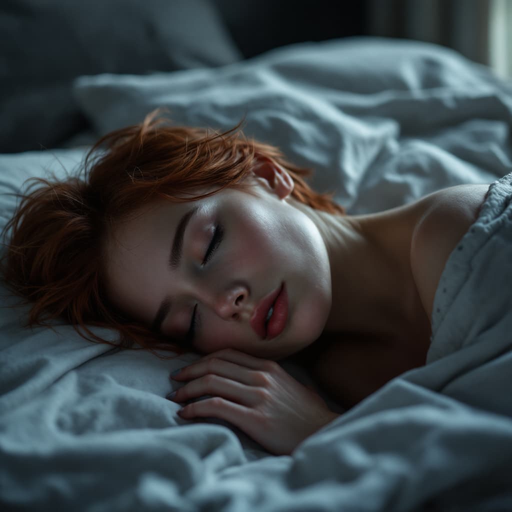 AI generated: female,short auburn hair, moody photo from behind, beautiful skinny 20 year old girl sleeping in bed...