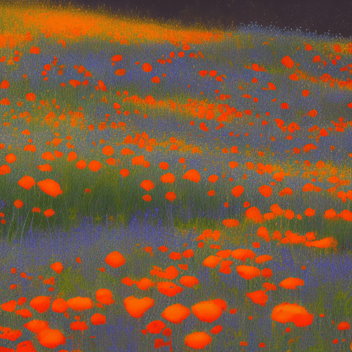 AI generated: Orange sunset, meadow full of flowers, glowing fireflies