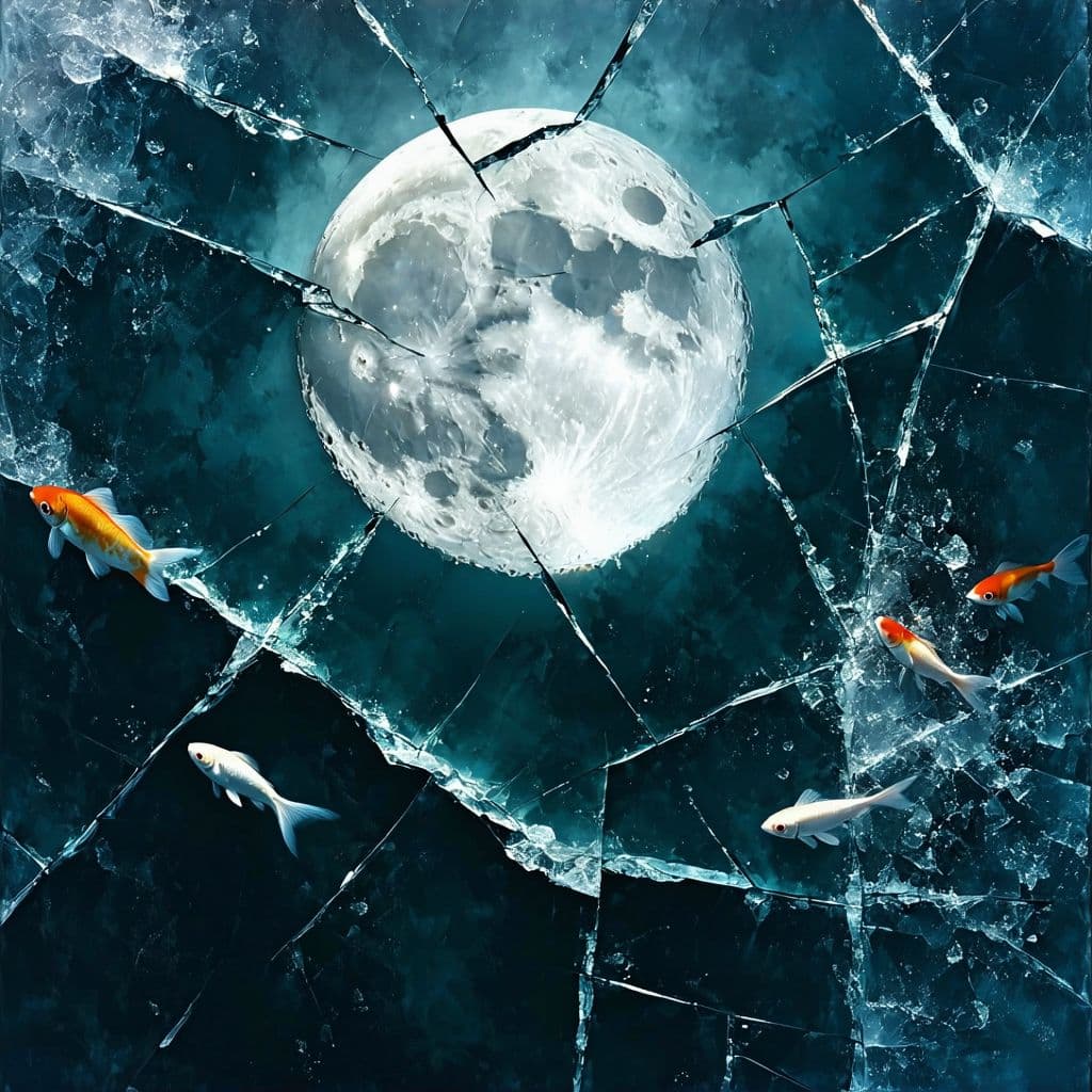 AI generated: top-down view, highly surreal, hyperrealistic, moody winter night, fractured glassy ice surface with...
