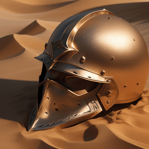 AI generated: High resolution photography, Saracen helmet, in the sand, close up, burnished bronze, shadow