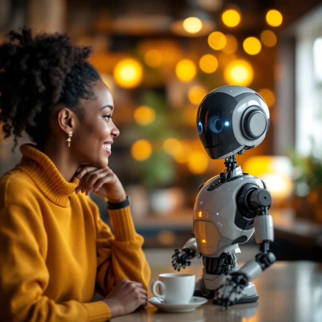AI generated: Smiling user chatting with a bot interface
 dslr, ultra quality, sharp focus, tack sharp, dof, film ...