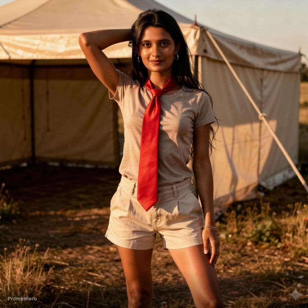 AI generated: Make her with dark, wearing stylish , wearing a bright red tie, posing confidently with one arm is d...