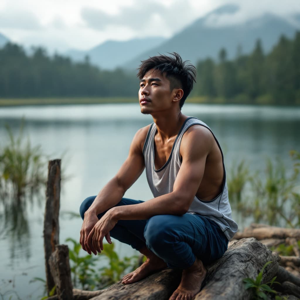 AI generated: "Seorang pria muda sedang mendayung di atas sebuah perahu kayu kecil di danau yang tenang pada waktu...