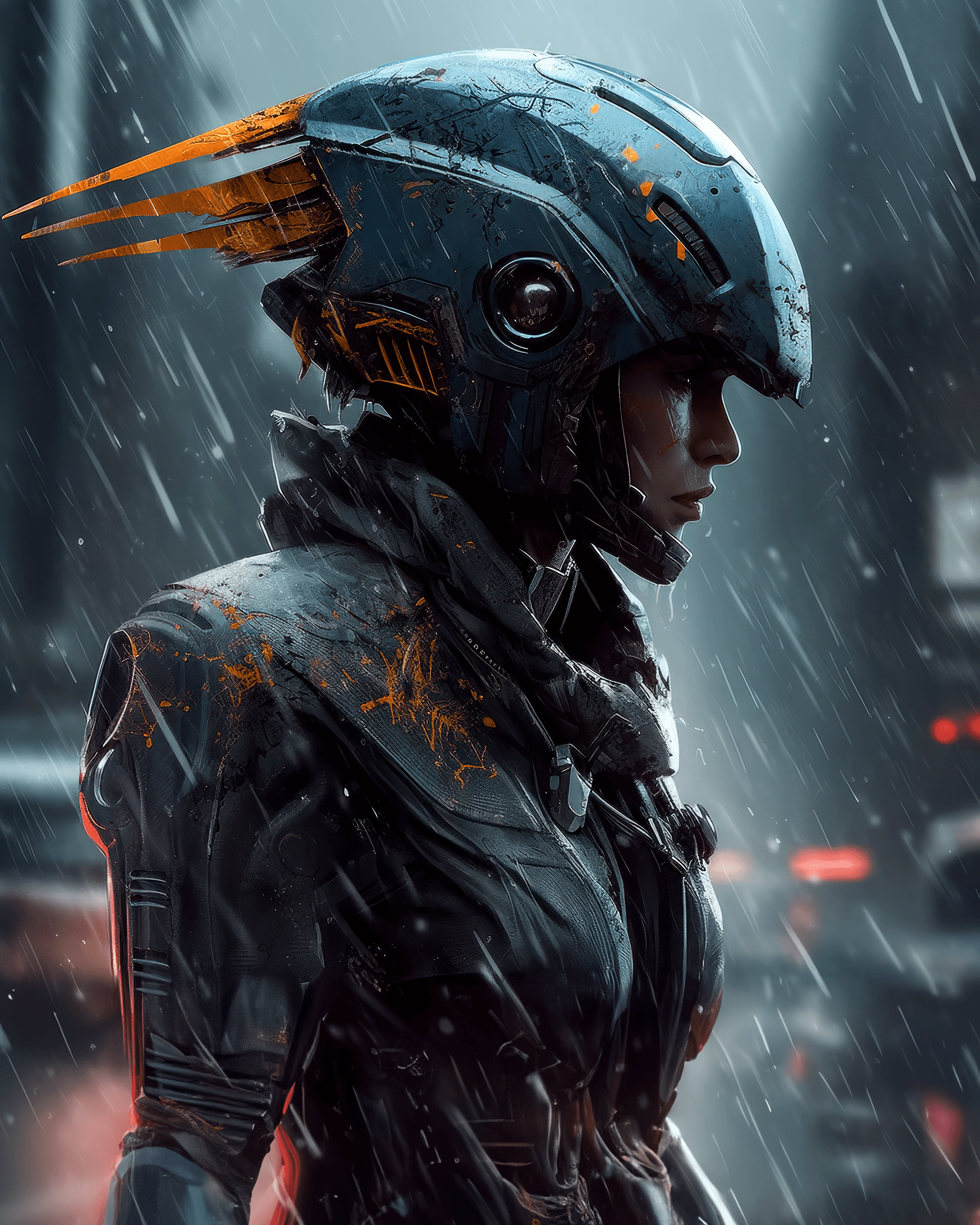 AI generated: a portrait of a robot in a rainstorm, in the style of life-like avian illustrations, cyberpunk manga...