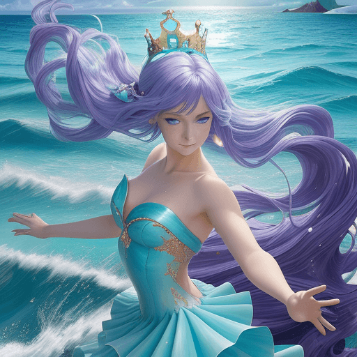 AI generated: A playful anime dancer from the sparkling ocean with a seashell crown and a dolphin hairpin at noon ...