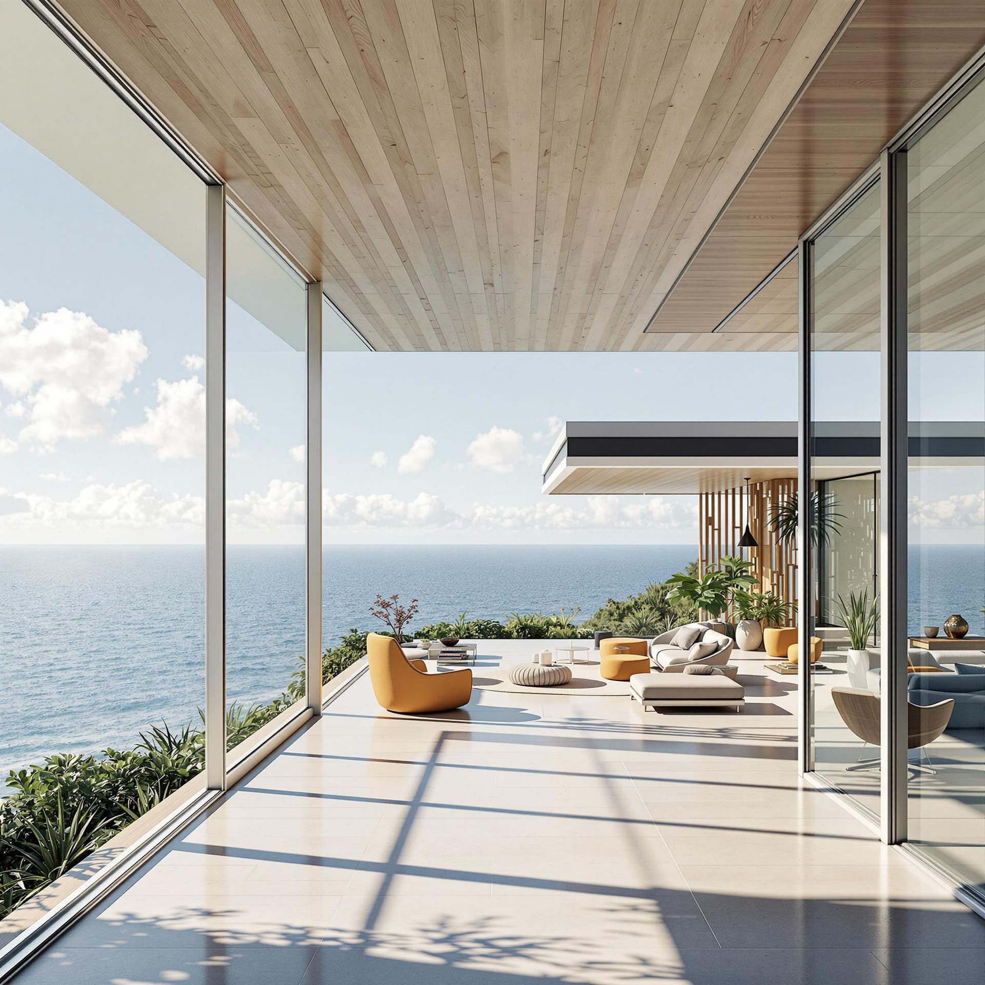 AI generated: Hyper realistic eye level exterior photo of a mid century modern style house overlooking the ocean, ...
