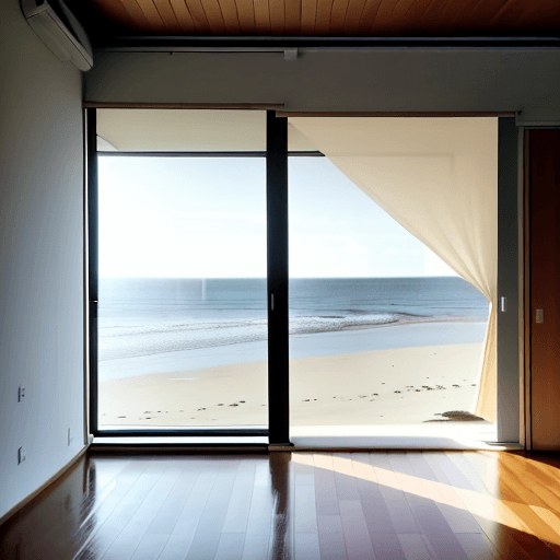 AI generated: Image of a completely empty room with a wood floor looking away from the viewer towards floor to cei...