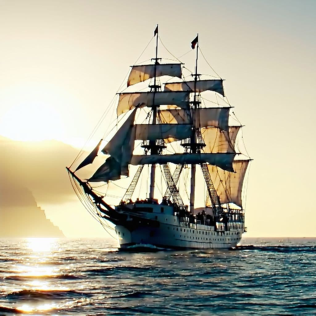 AI generated: Photo of a ultra realistic sailing ship, dramatic light, pale sunrise, cinematic lighting, battered,...