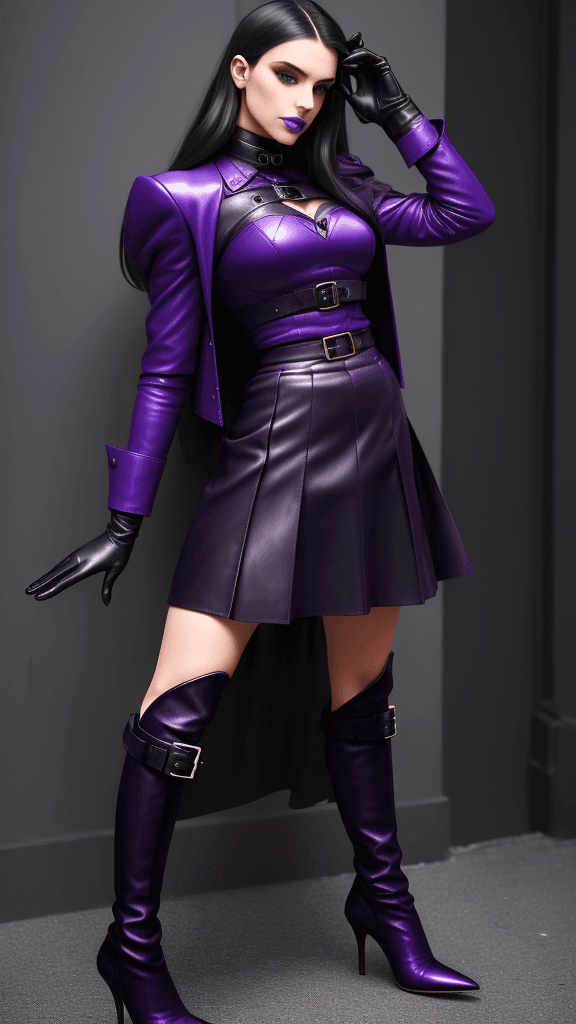 AI generated: Loren Calderoni wears dark purple Leather skirt, dark purple Leather Gloves and dark purple highheel...