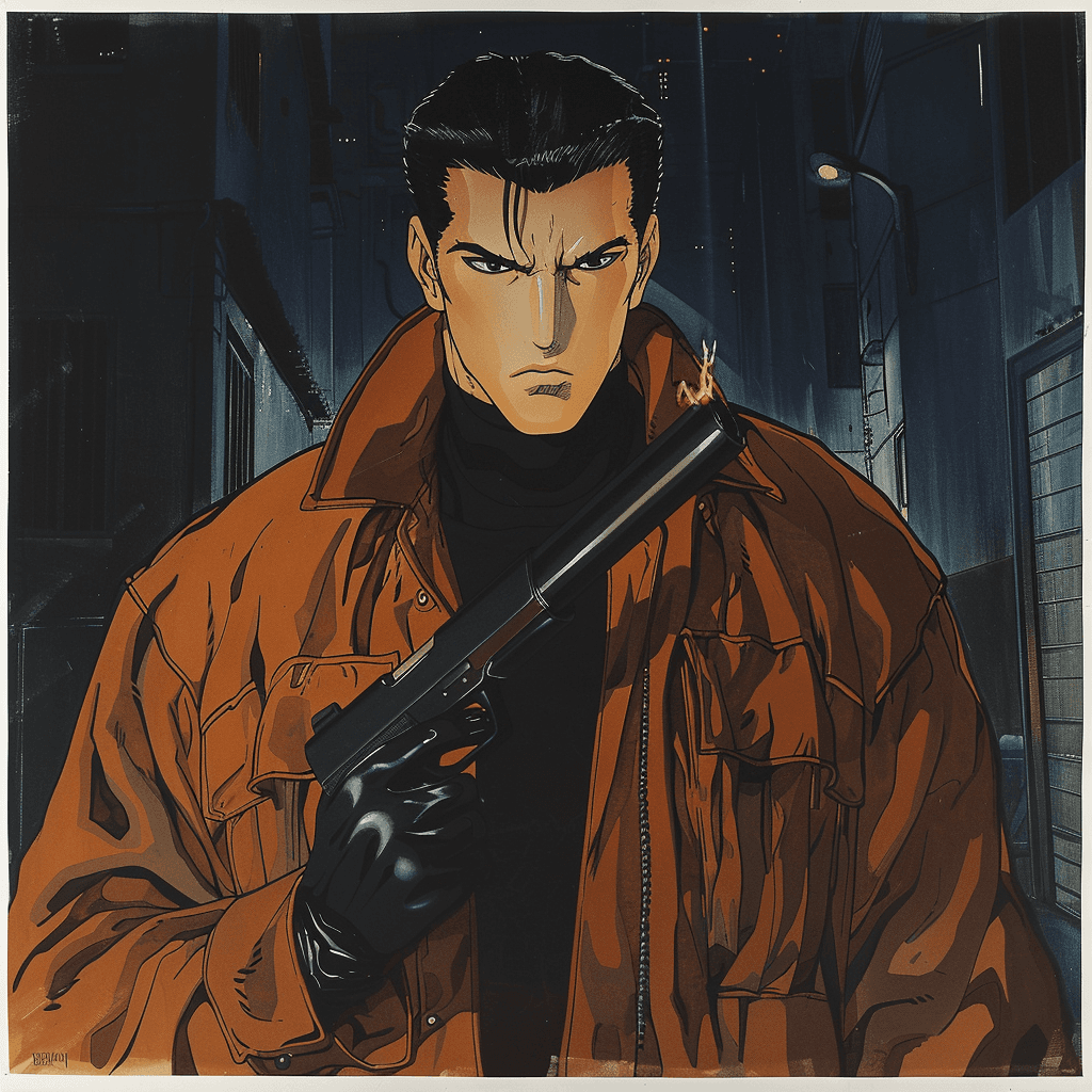 AI generated: An adult assassin wearing a brown bomber jacket. Wearing black gloves and carrying a firegun with a ...