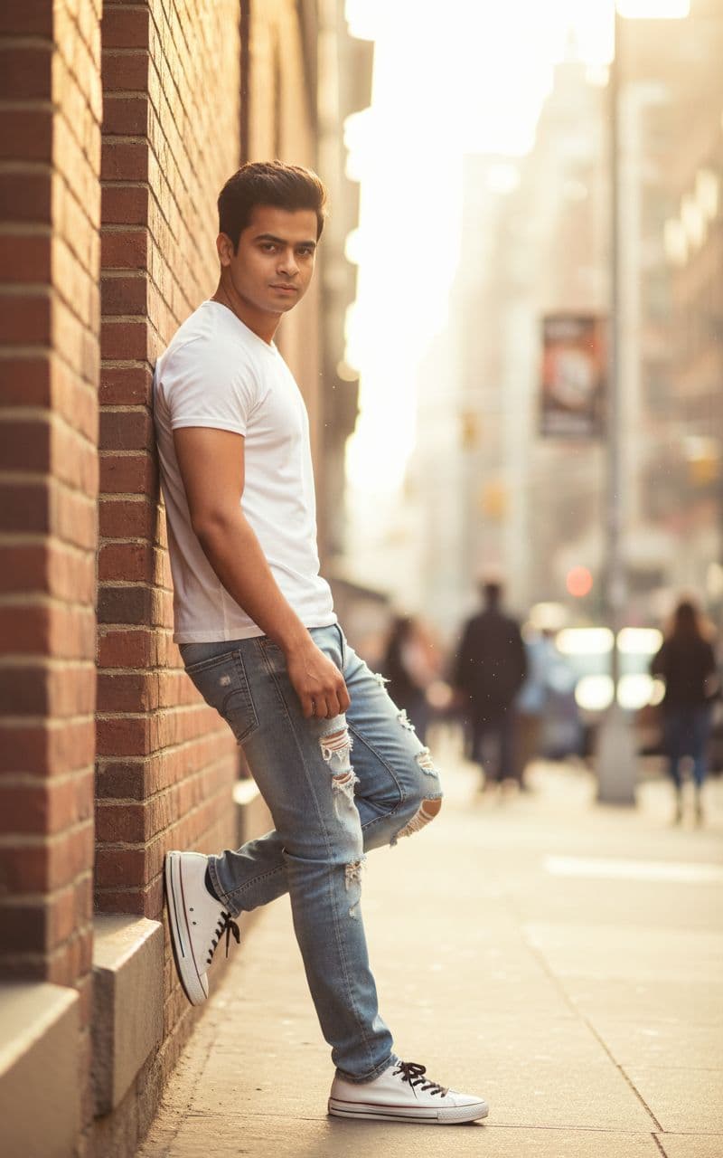 AI generated: a stylish young man with a lean, toned physique, brown eyes, black hair, casual wear, white T-shirt,...