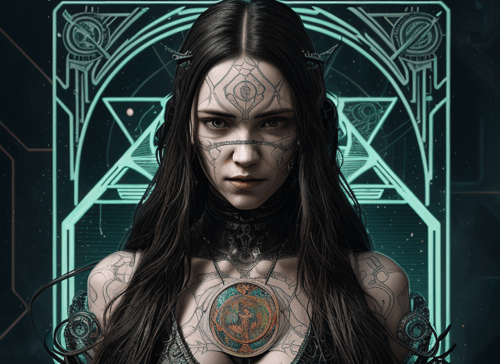 AI generated: tarot card with intricate detailed frame around the outside, portrait of cyberpunk head with long ha...