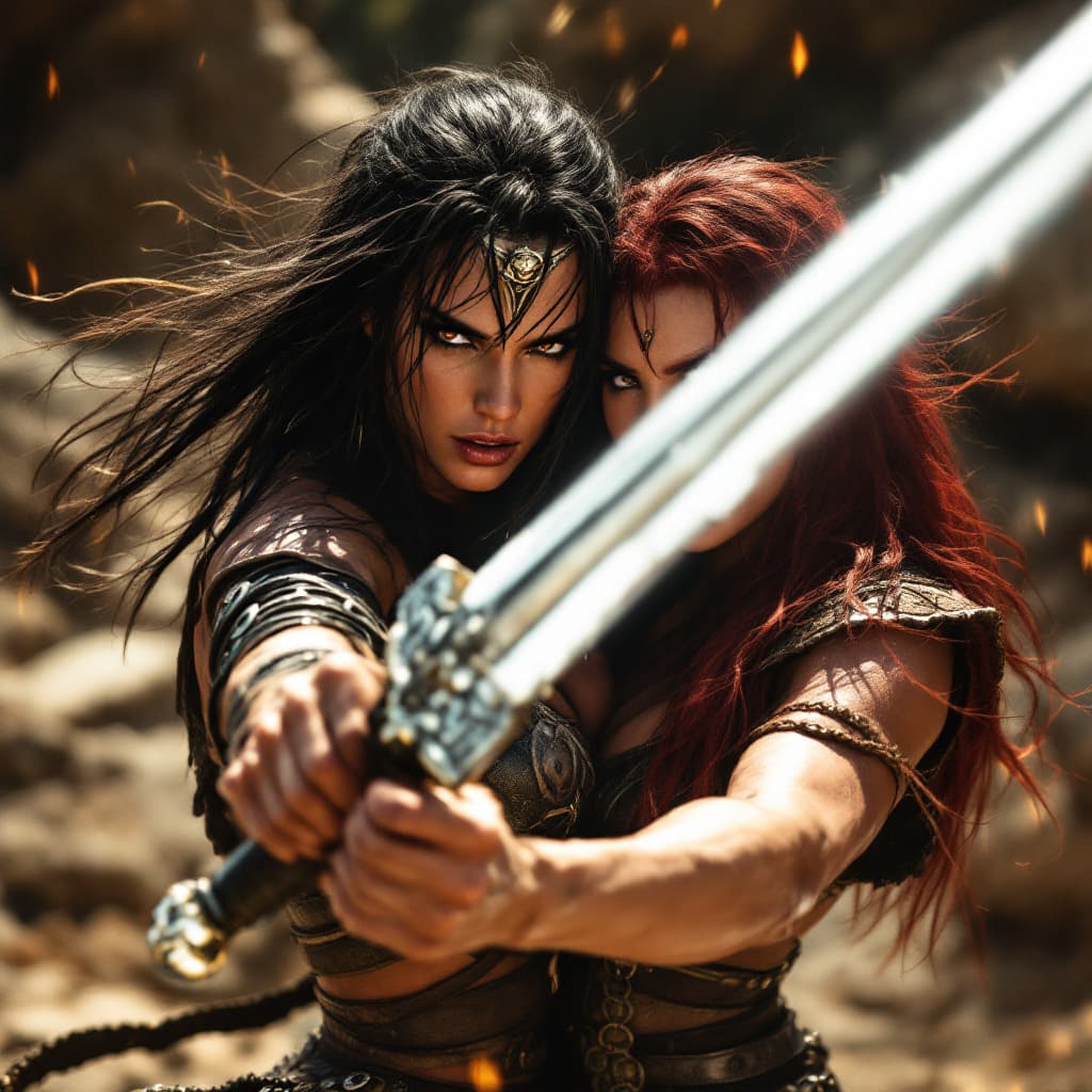 AI generated: xena a warrior princess, with her sword posing a strike, motion blur on the sword, she is fighting b...