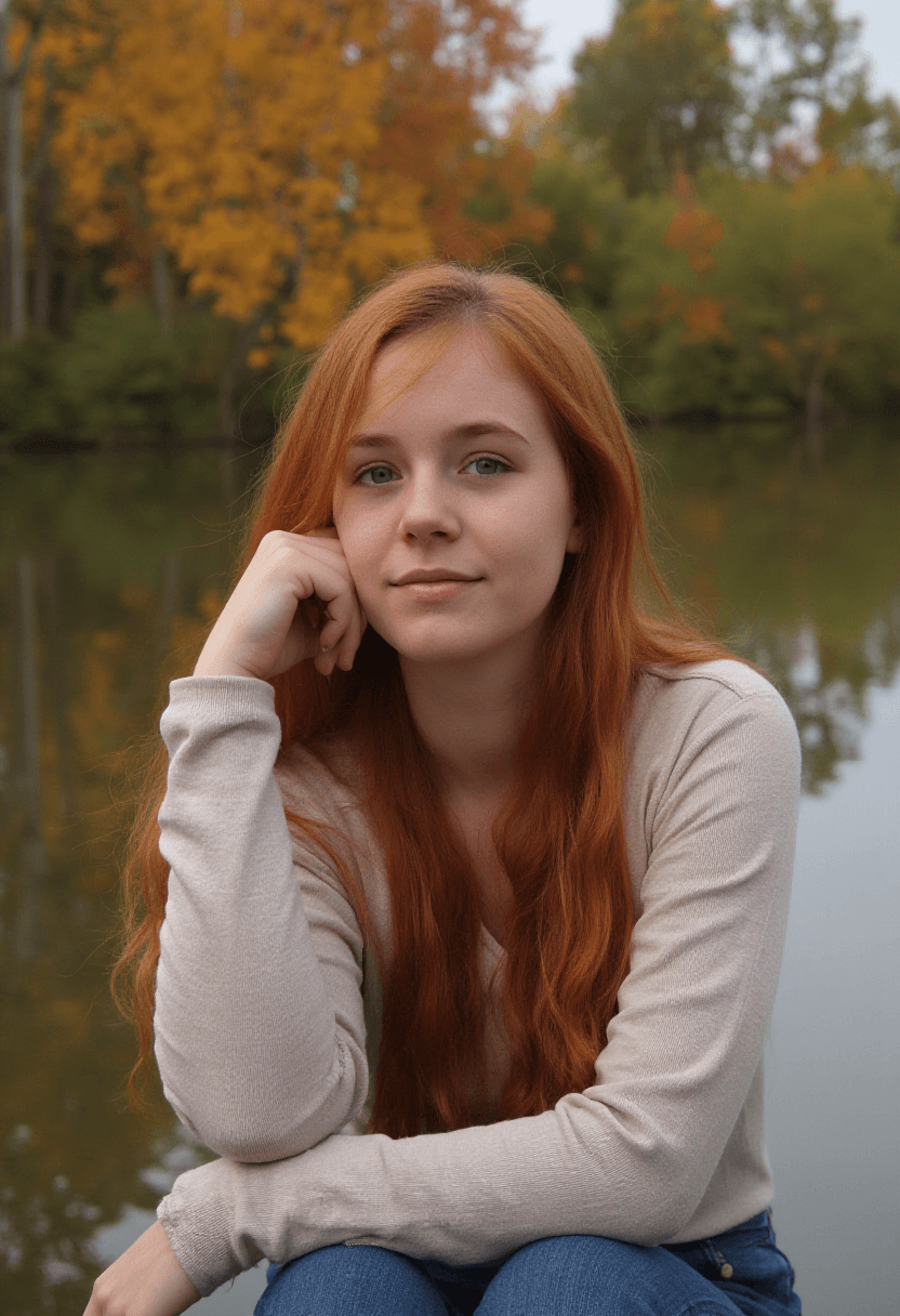AI generated: Create a photorealistic portrait of a fit adult woman with long, flowing red hair leaning on her arm...