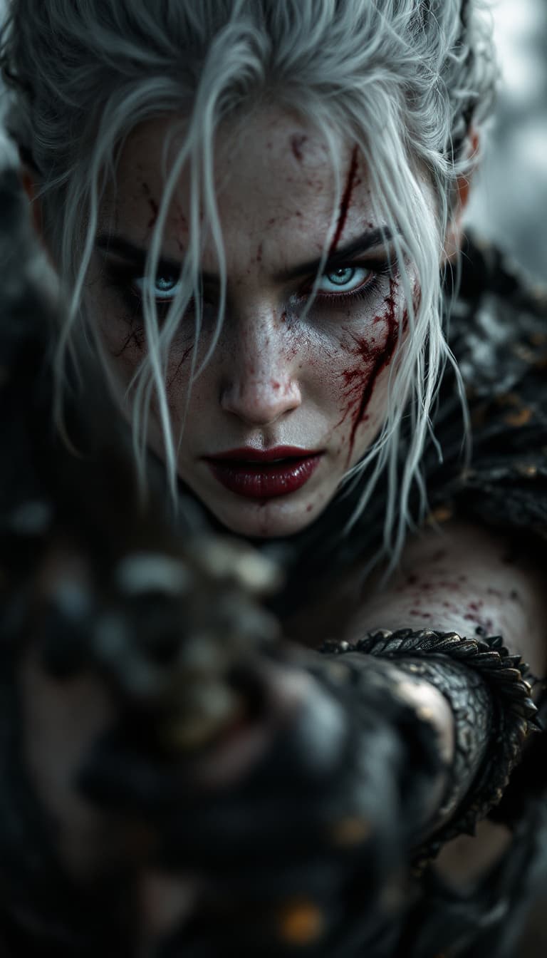 AI generated: high-resolution photograph, woman, ugly scar in the face, white hair, exposed body,  dramatic scene ...