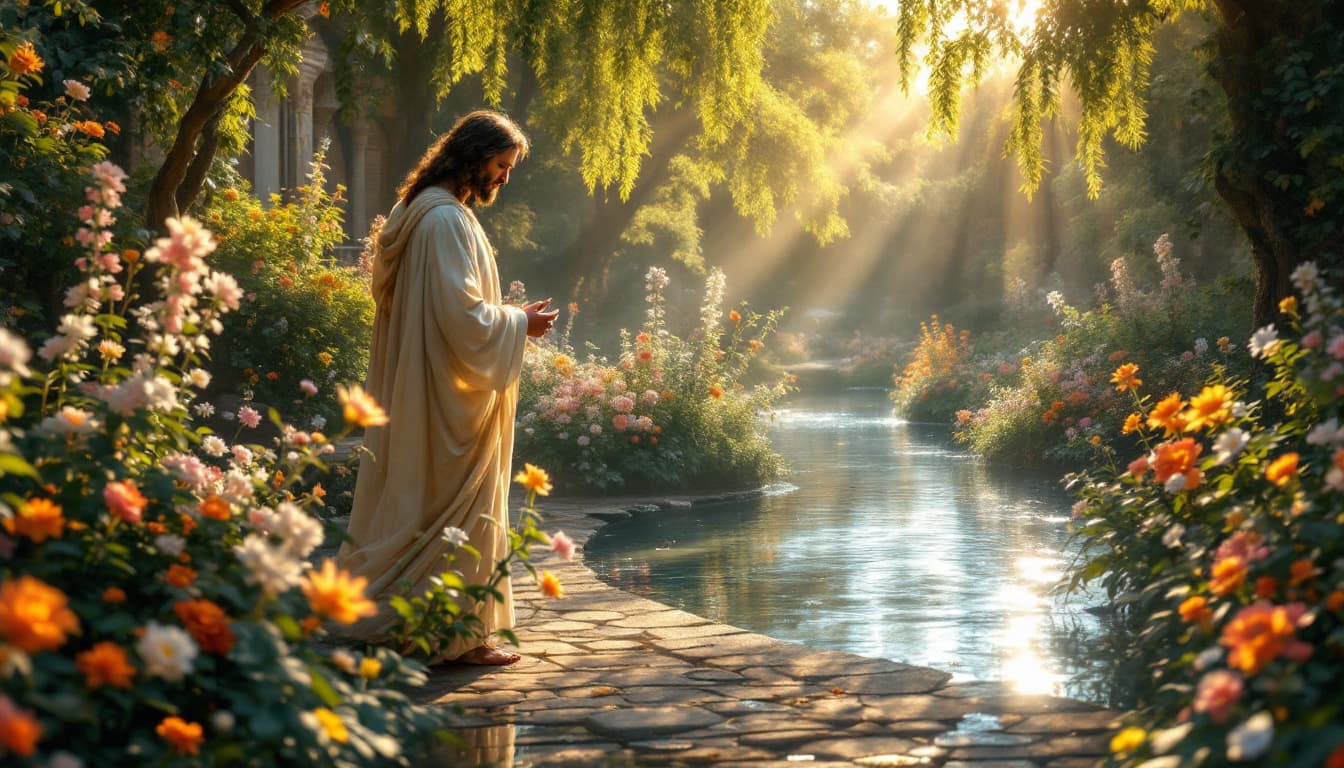 AI generated: in royal garden jessus
,serenity,surrounded by divine light in a medieval  with shinnig in chest  be...