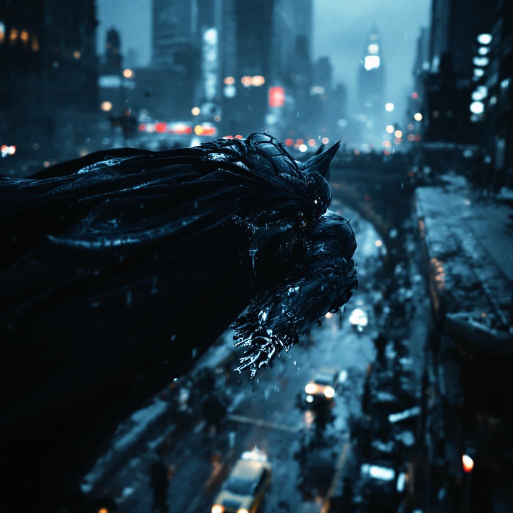 AI generated: Batman, Gotham city at night, Christopher Nolan style, drama and lifesaving, in dynamic, atmosphere ...