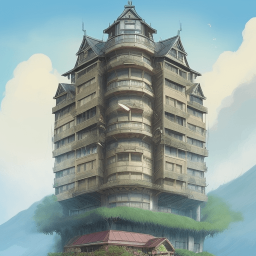 AI generated: A huge Vietnam Old Apartment Building by Howl's Moving Castle Ghilbli, by Miyazzaki,, Nausicca Ghibl...