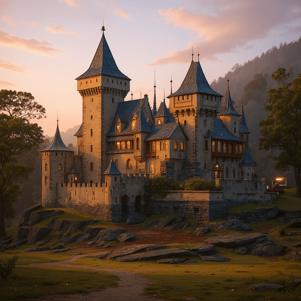 AI generated: Early morning sunrise a beautiful amazing castle similar to the very amazing Karlstein Castle that w...