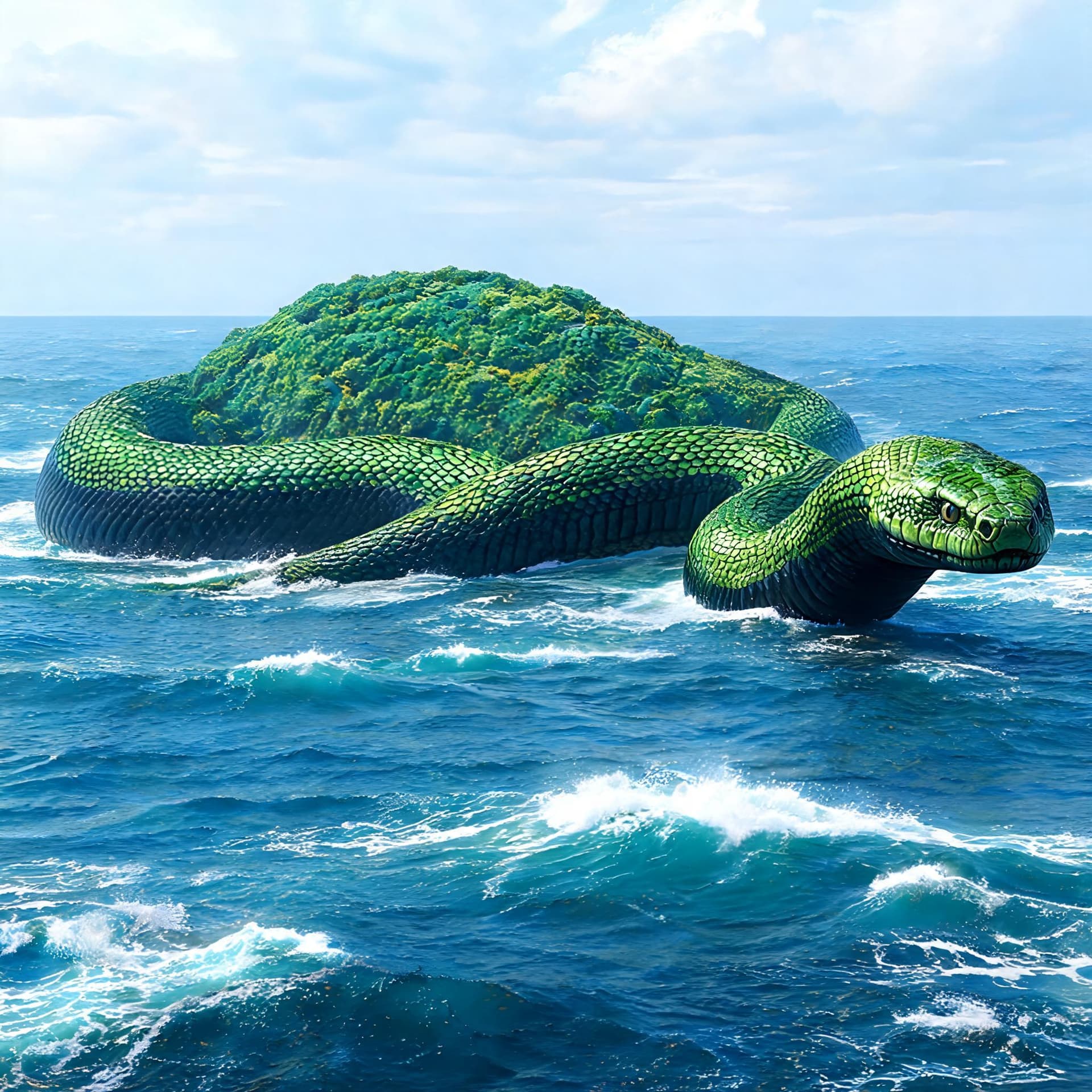 AI generated: a giant snake as big as a small island that has green scales with a black belly