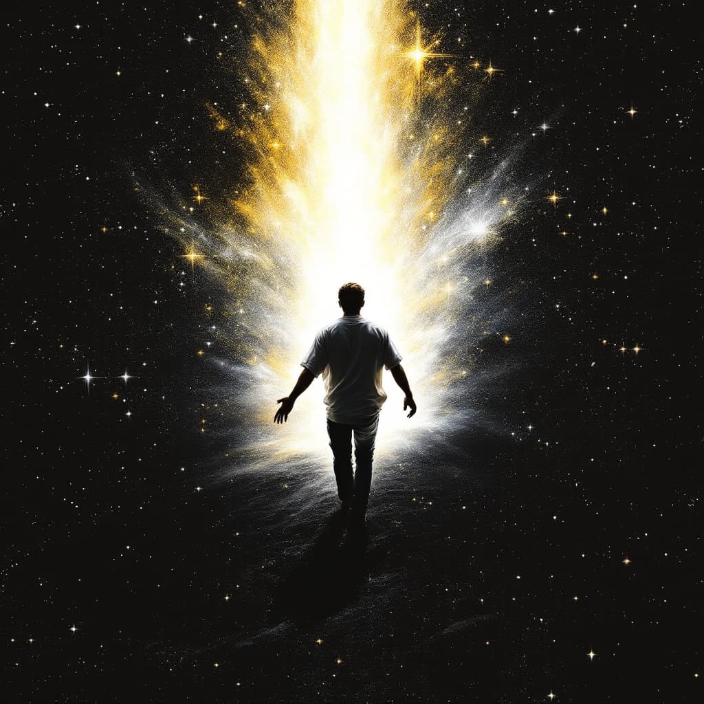 AI generated: Artistic illustration of a cold, black universe with stars in the background,  a lone figure (man) w...