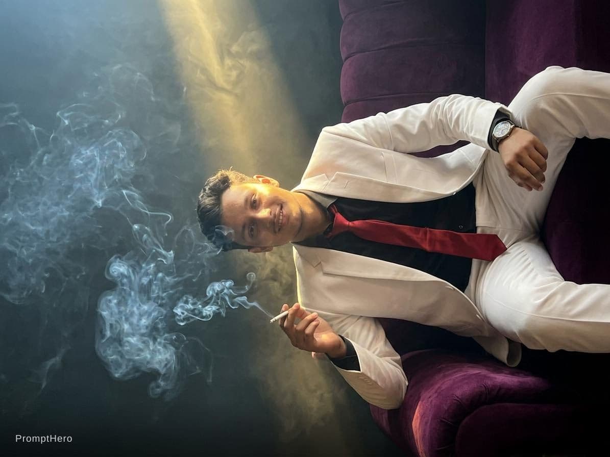 AI generated: snapshot, dimly lit room with a hazy atmosphere, capturing a male model lounging on a deep purple co...