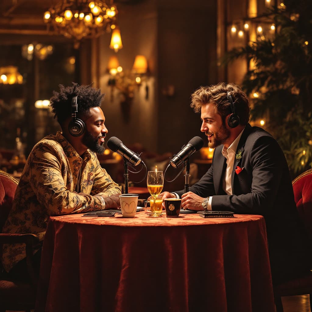 AI generated: A very lavish 2 person podcast set up one male onthe  same table both characters front facing 

