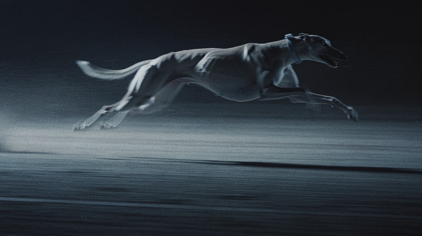 AI generated: cinematic long-exposure photograph of a racing greyhound dog sprinting at maximum speed, captured mi...