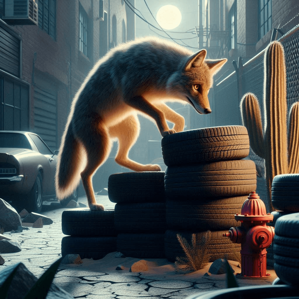 AI generated: Cinematic professional 3D animation of a coyote with thick fur climbing a pile of tires in an alley,...