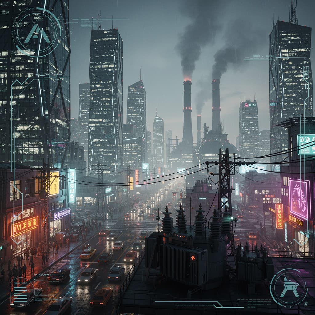 AI generated: Bustling city. High electricity consumption. Smoke. An image with attractive graphics.