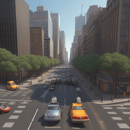 AI generated: Create a 3D Pixar animation style image of a busy city street during the day with a large bank in th...