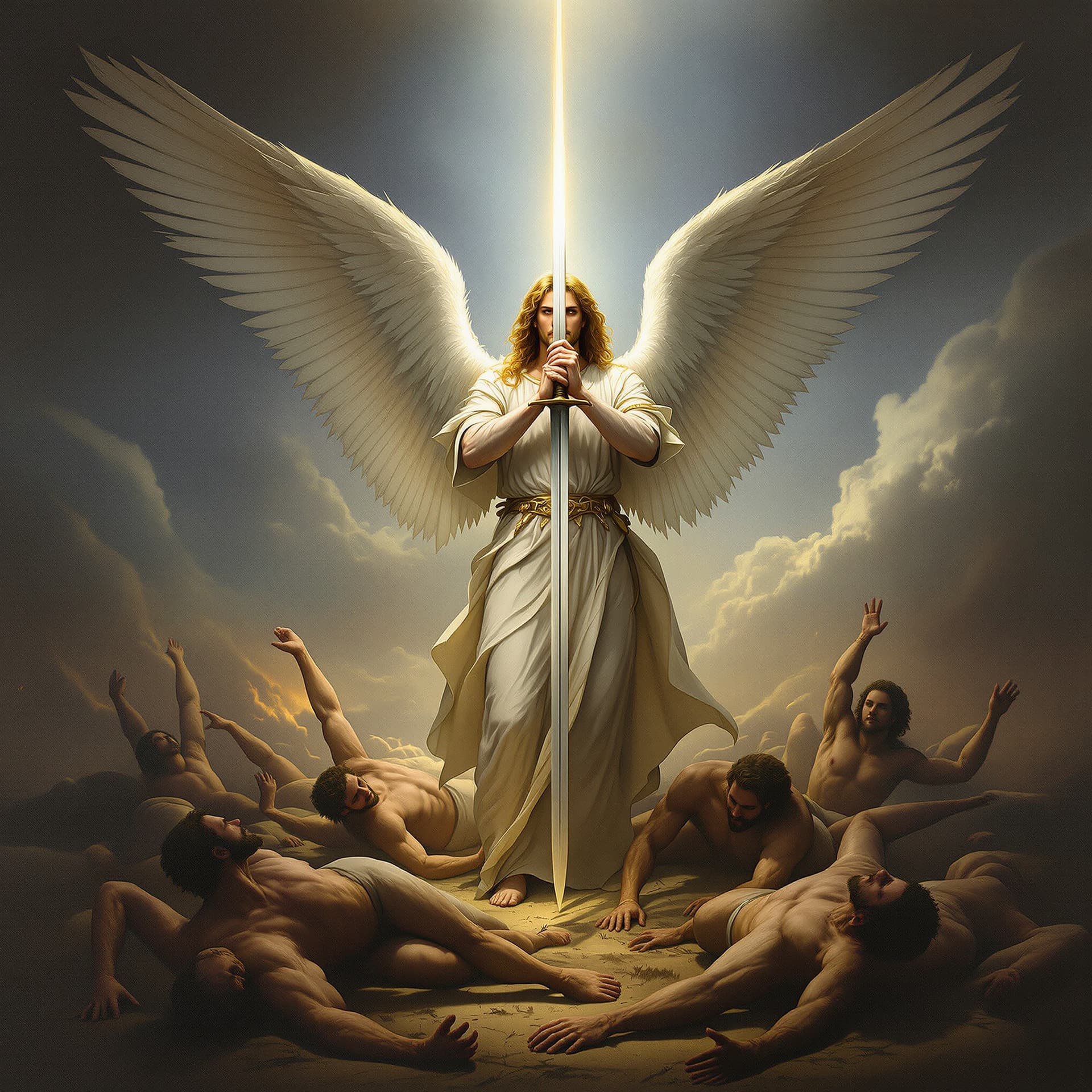 AI generated: Craft an Old Master painting-style image of an archangel who stands with an imposing presence on the...