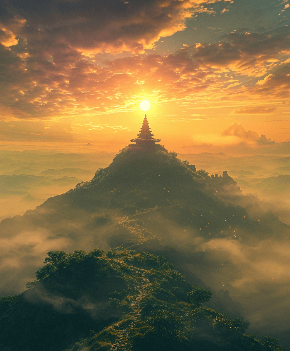 AI generated: sunrise on top of a hill of hills with a circular tower, in the style of alejandro jodorowsky, epic ...