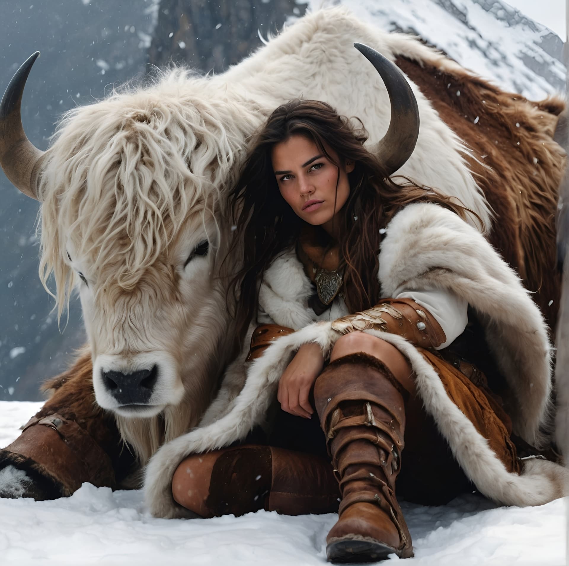AI generated: Stunning color sketch of a strong and beautiful barbarian warrioress with fierce brown eyes and long...