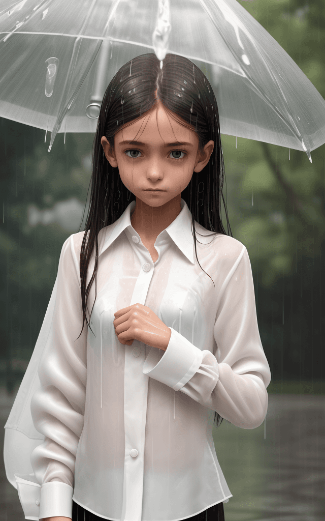 AI generated: a small skinny 14 year old girl wearing a wet white silk blouse under the rain in a park
