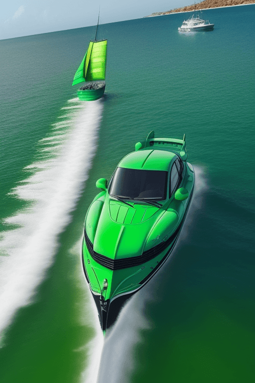 AI generated: quiero un carro volando de color verde al costado con un barco