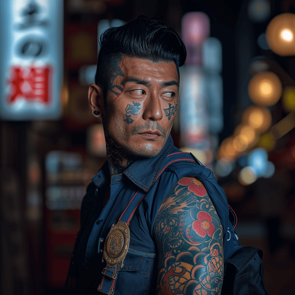 AI generated: a male yakuza , japanese colored tattooed, in Tokyo night city scene, hdr, (intricate details, hyper...