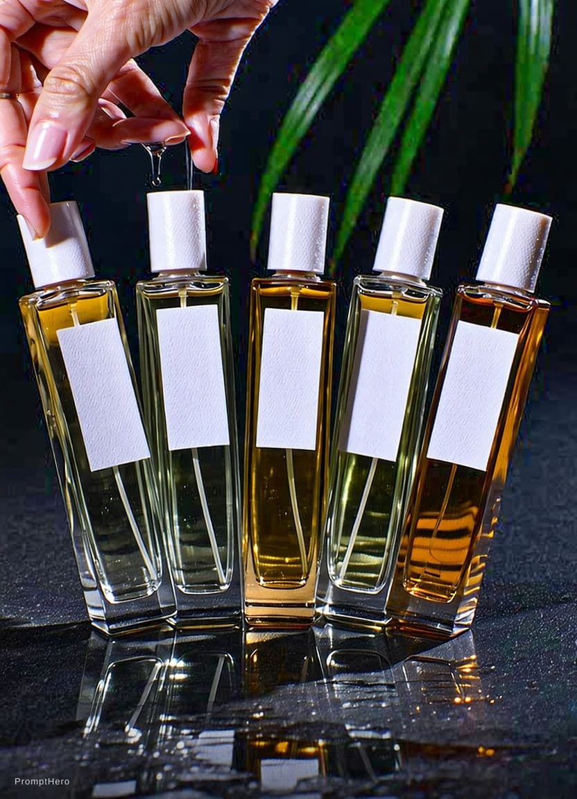 AI generated: a photo of 5 big perfumes High resolution photography of a hand holding from the bottom a luxury per...