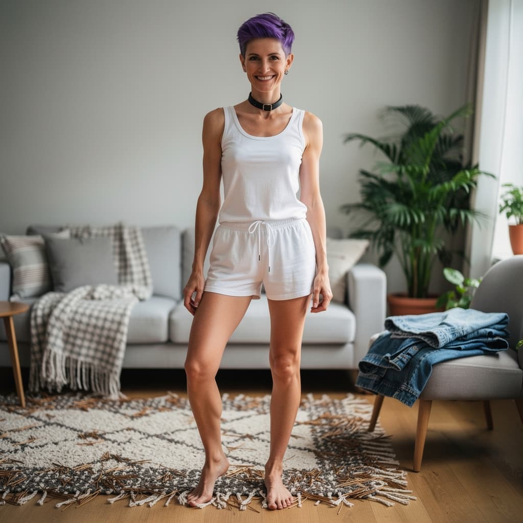 AI generated: Capture a very skinny fit adult woman standing in living room, wearing tight cotton pajama shorts, a...