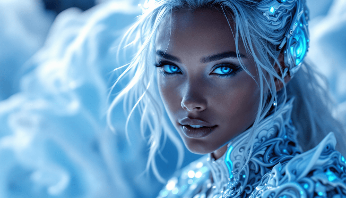 AI generated: Close-up portrait of a young, dark-skinned female figure, with striking, glowing blue eyes and a sub...