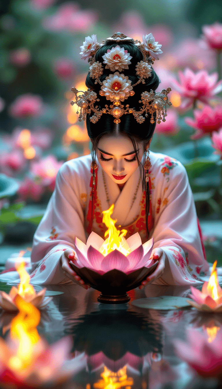 AI generated: Candid closeup photo of an eccentric traditional Japanese lotus queen, placing a lotus shaped bowl o...