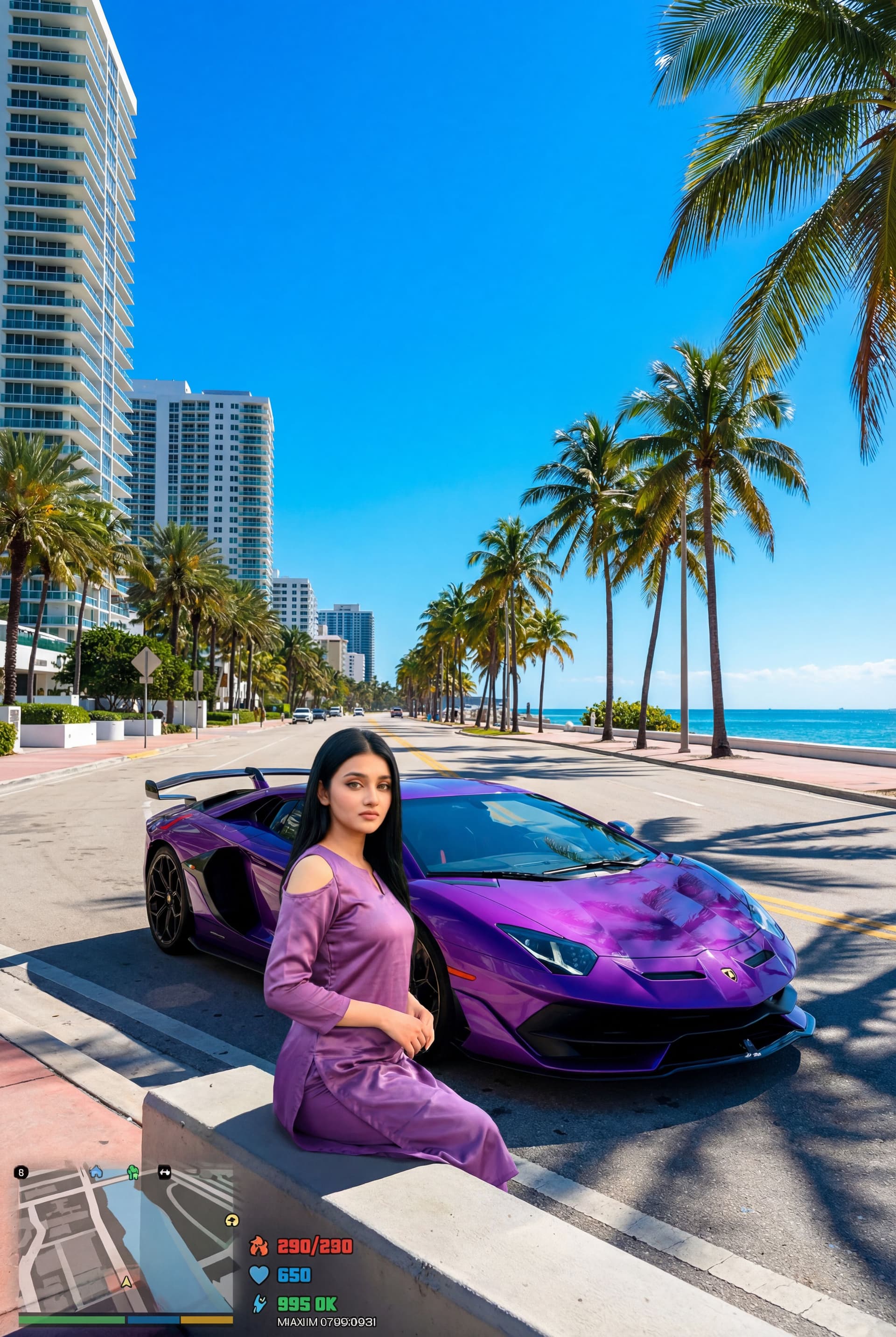 AI generated: she is sit front of a lamborghini. cinematic lights and shadows. day time , ocean blue sky. miami fl...