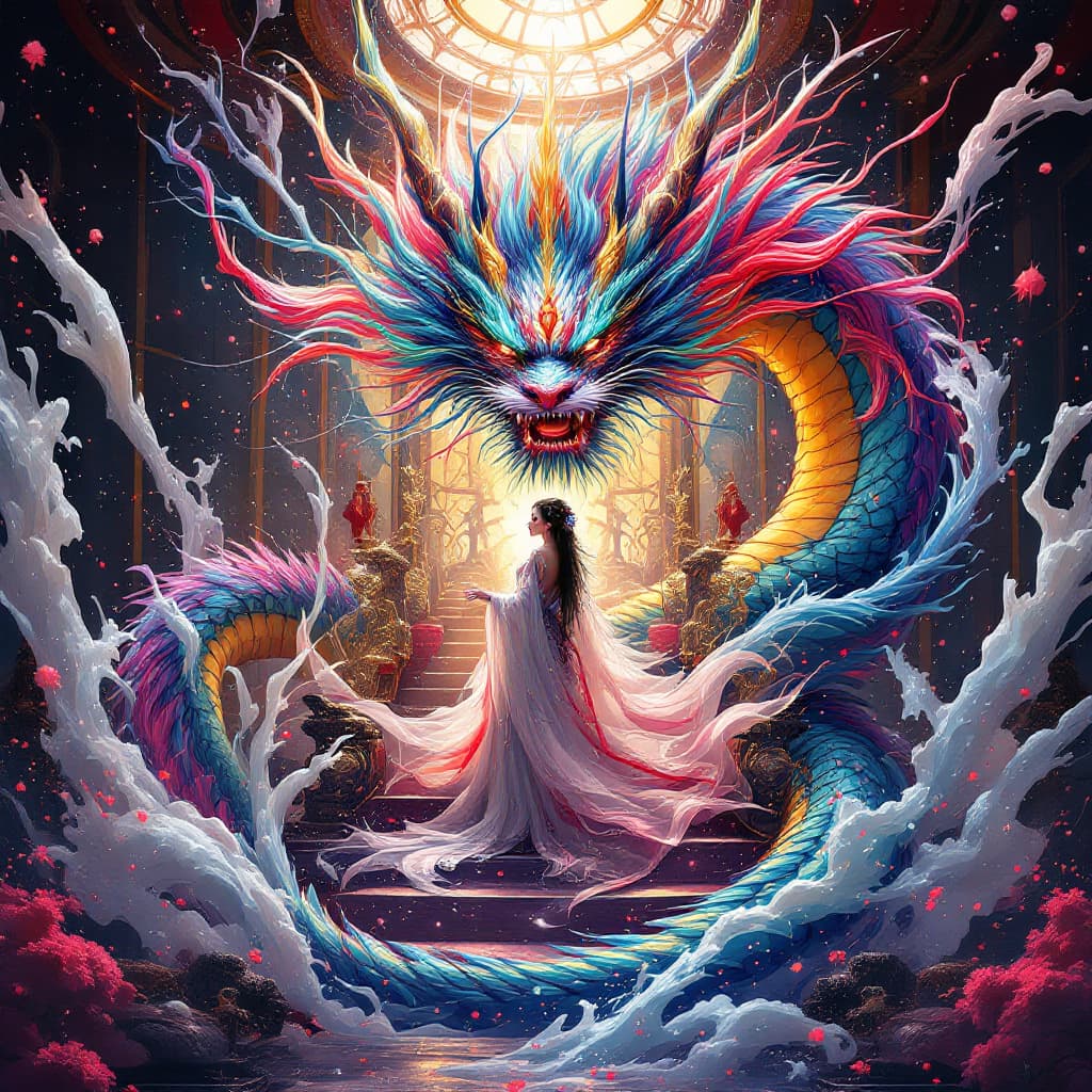 AI generated: showcase the magnificence of Orochi, colorful masterpiece, 1 lady, extremely detailed dragon, luxury...