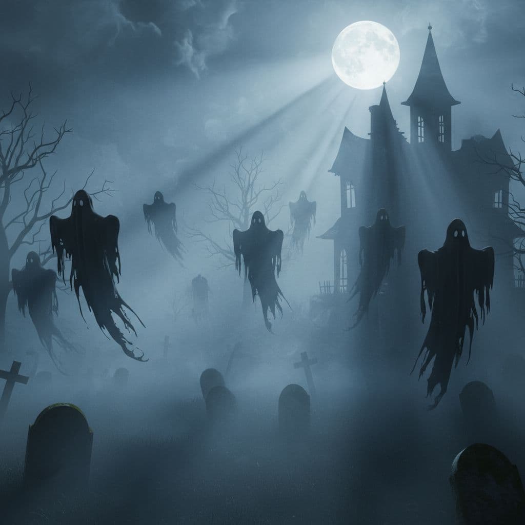 AI generated: High-res 3D wallpaper of spooky ghost silhouettes floating in the mist, moonlit night, Halloween aes...