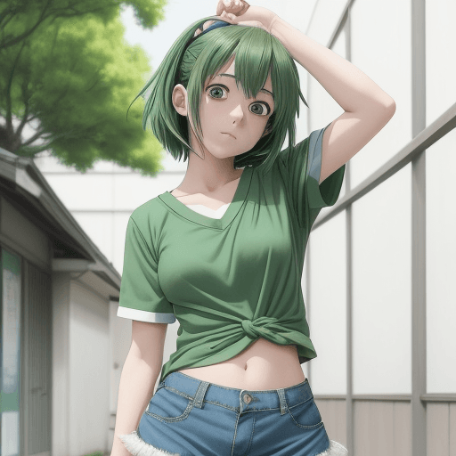 AI generated: anime girl in green shirt and blue shorts posing for picture, by Kose Kanaoka, anime visual of a cut...