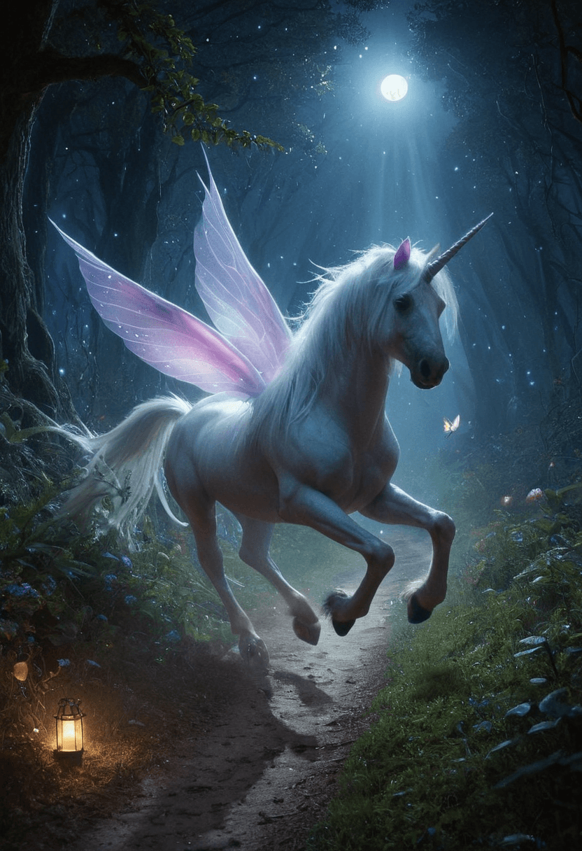 AI generated: realistic,highres,<lora:Fantasy_Monsters_XL:1>,A unicorn gallops through an enchanted forest at full...